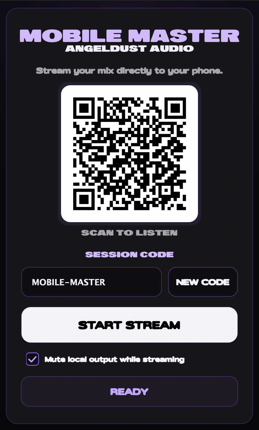 Mobile Master plugin interface showing the QR code, session code, and stream controls.